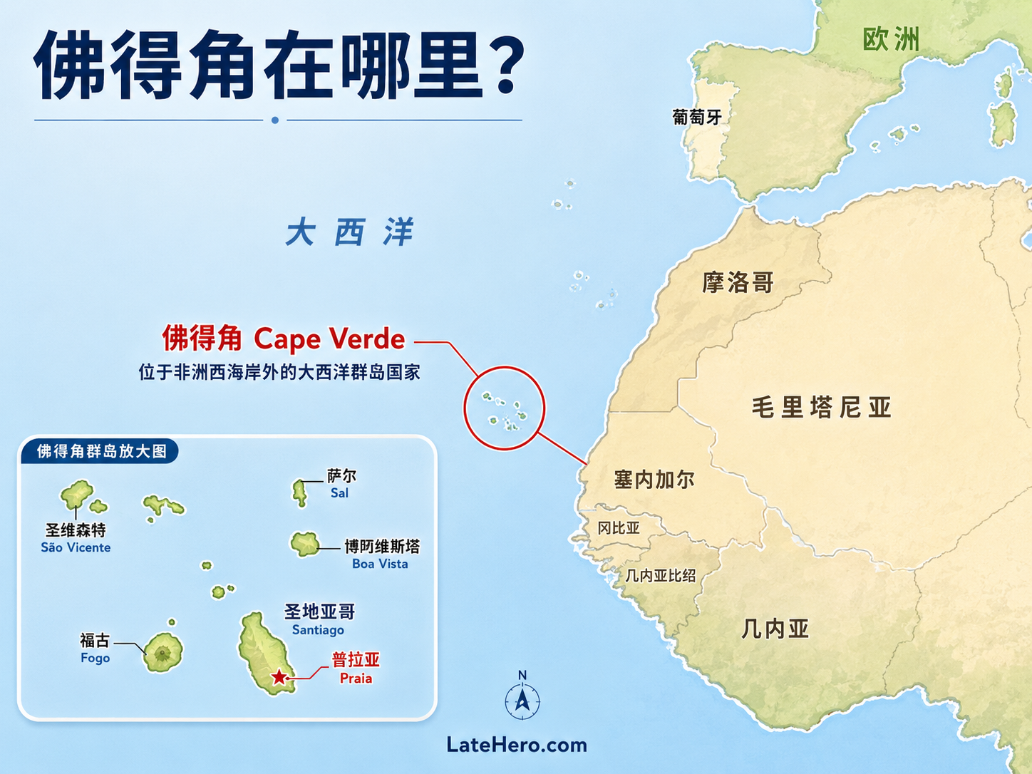 佛得角地图，标出群岛位置