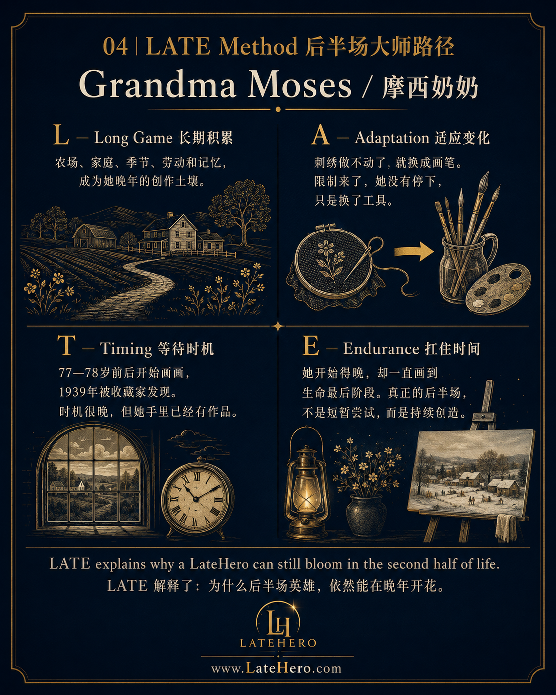 摩西奶奶 LATE Method 后半场大师路径