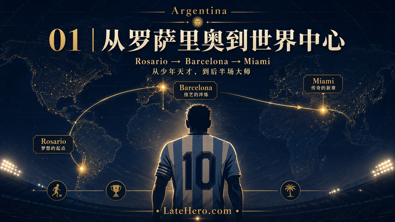 梅西从罗萨里奥到巴塞罗那再到迈阿密的路径图